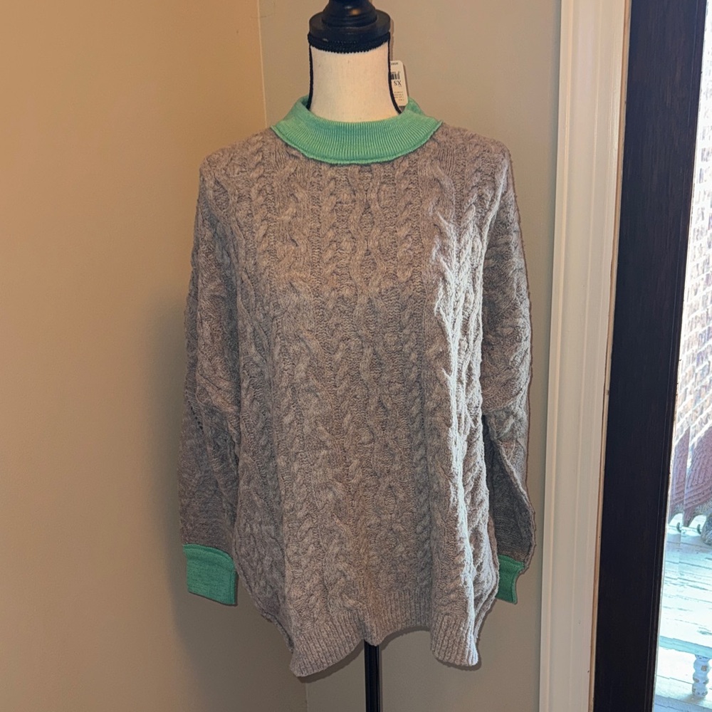 Free People Gray Cable Knit Sweater with Green Accents